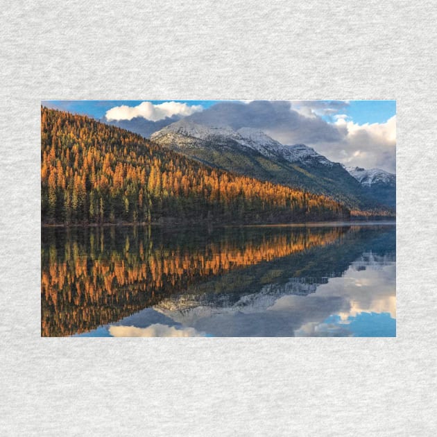 Mountain Peaks Reflect Into Bowman Lake In Autumn Glacier National Park by HammiltenJohn